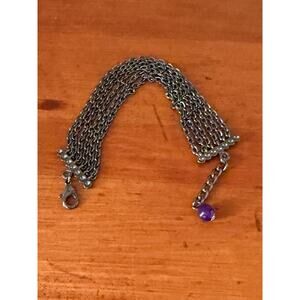 Silver Tone Mesh Chain Bracelet With Purple Bead Extender with Lobster Clasp